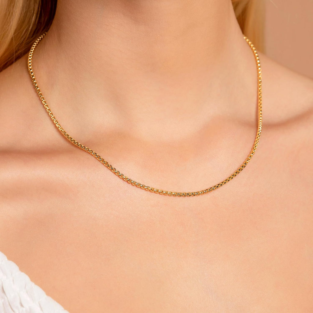 14K Gold 1.8MM, 2.5MM, or 3.5MM round Box Chain Necklace -16"-30" Yellow or White Gold- for Men and Women