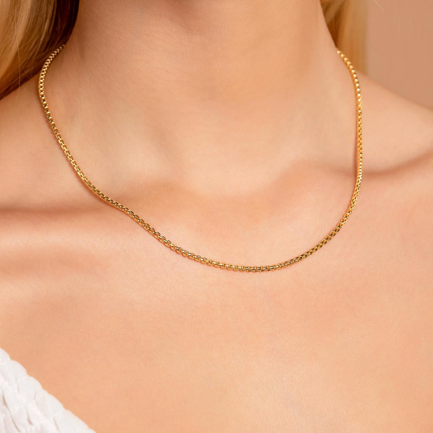 14K Gold 1.8MM, 2.5MM, or 3.5MM round Box Chain Necklace -16"-30" Yellow or White Gold- for Men and Women