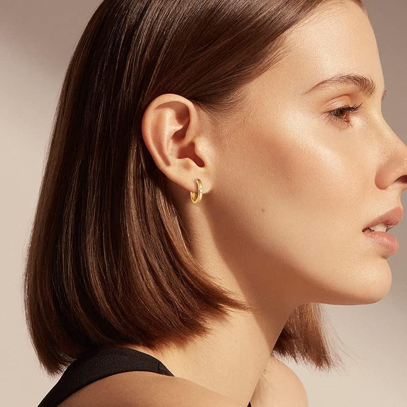 Solid 14K White/Yellow Gold 0.10Cttw Solitaire Diamond Tiny Small Gold Huggie Hoop Earrings Fine Jewelry for Women, 14Mm