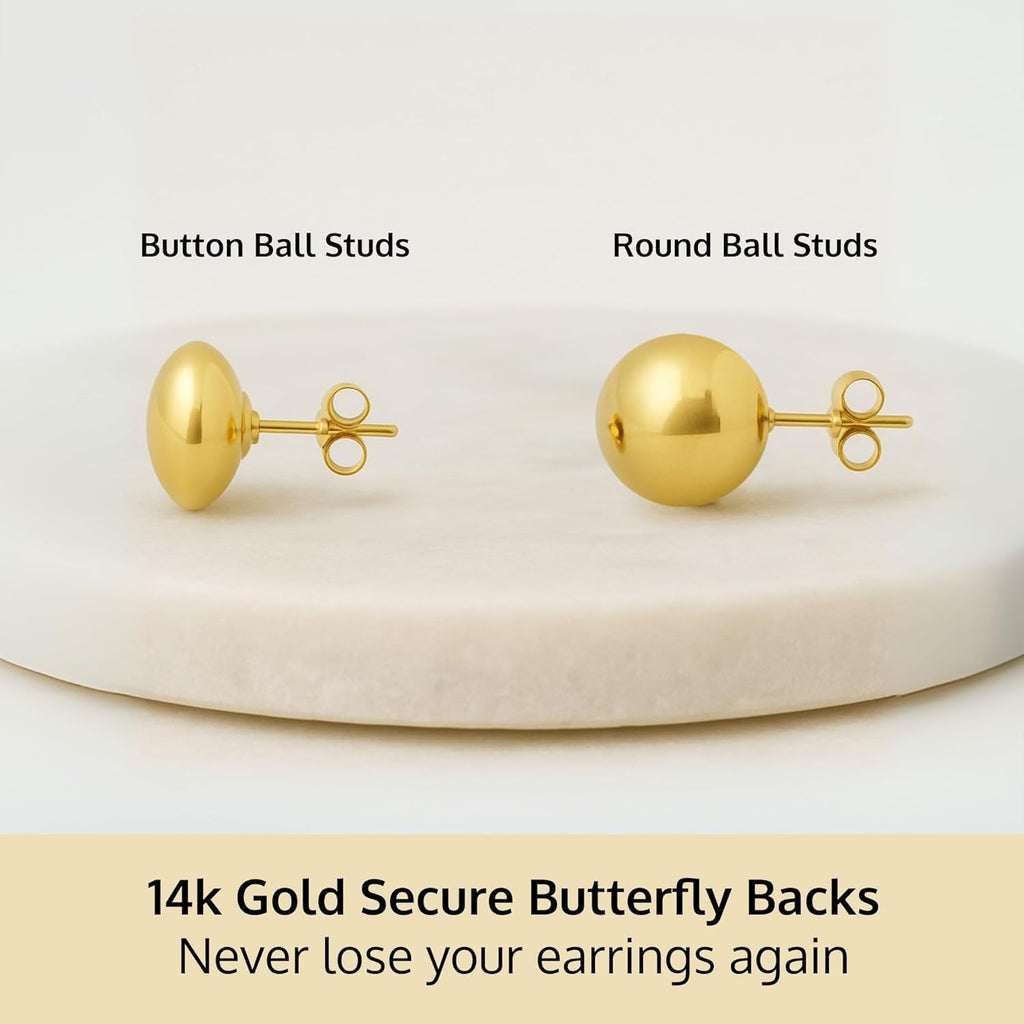 14K Gold Stud Earrings for Women | Yellow Solid Gold Flat & Full Ball Earrings with Gold Butterfly Backs | 4MM-8MM Hypoallergenic Real 14K Button Ball Studs for Women & Men by