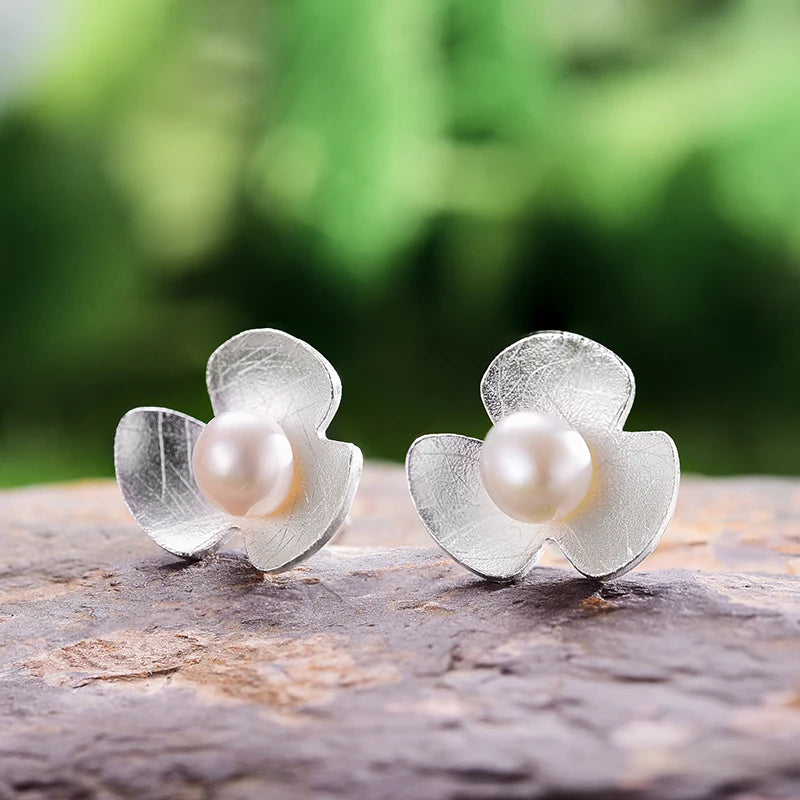 Real 925 Sterling Silver Natural Pearl Earrings Fine Jewelry 18K Gold Clover Flower Stud Earrings for Women Brincos
