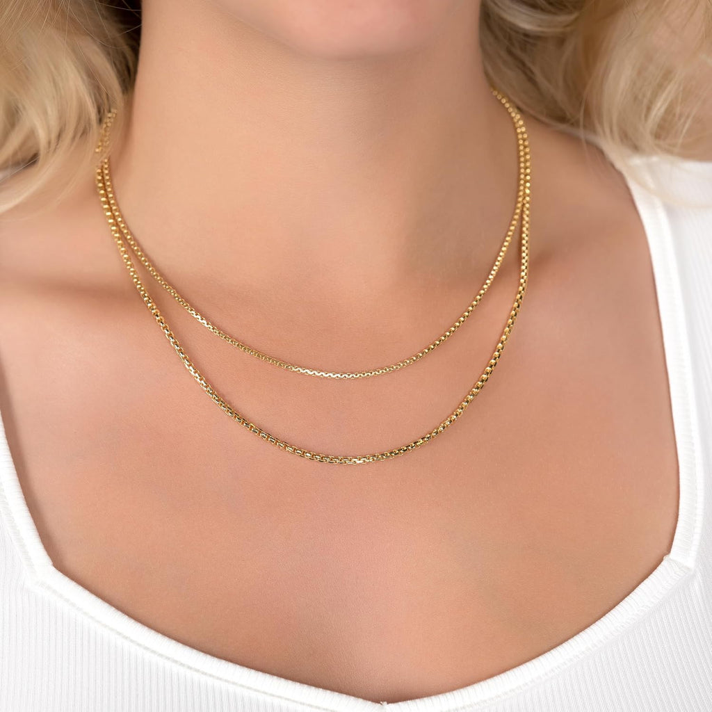 14K Gold 1.8MM, 2.5MM, or 3.5MM round Box Chain Necklace -16"-30" Yellow or White Gold- for Men and Women