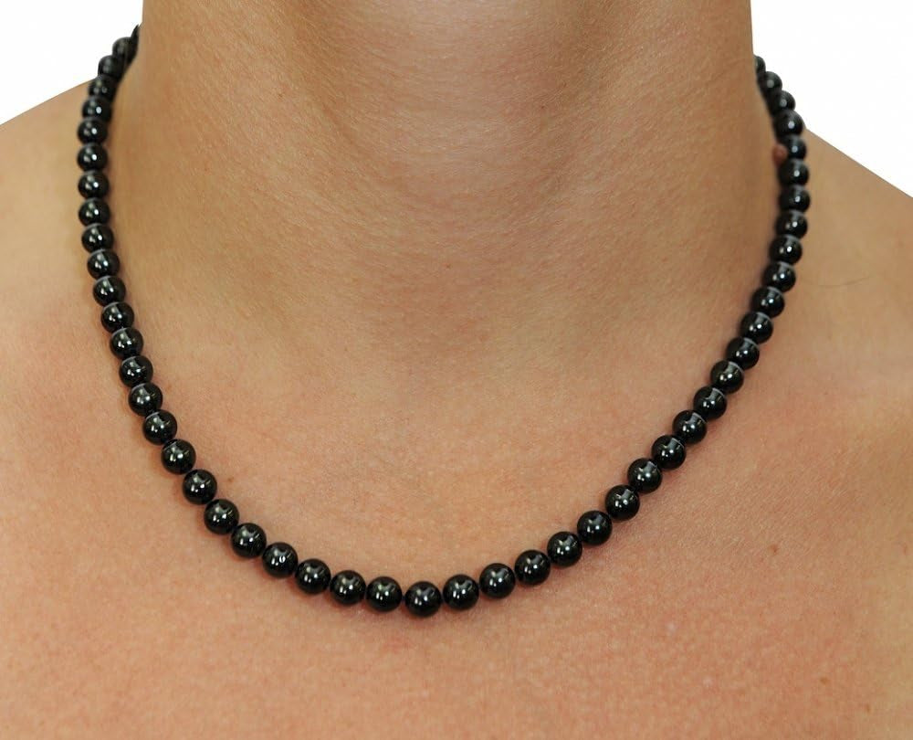 14K Gold round Genuine Black Japanese Akoya Saltwater Cultured Pearl Necklace for Women