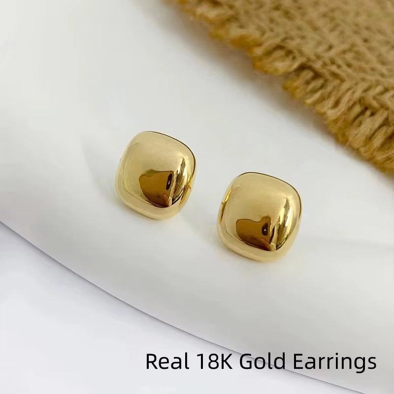 Real 18K Gold Earrings for Women Pure AU750 Three-Dimensional Block Simplicity Fashion Earring Fine Jewelry Gift New Style