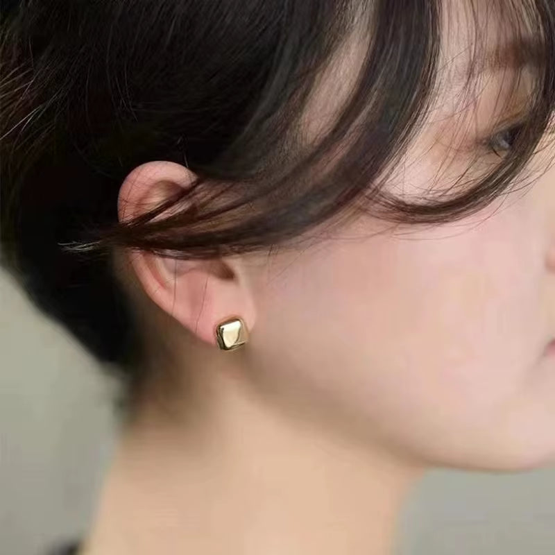 Real 18K Gold Earrings for Women Pure AU750 Three-Dimensional Block Simplicity Fashion Earring Fine Jewelry Gift New Style