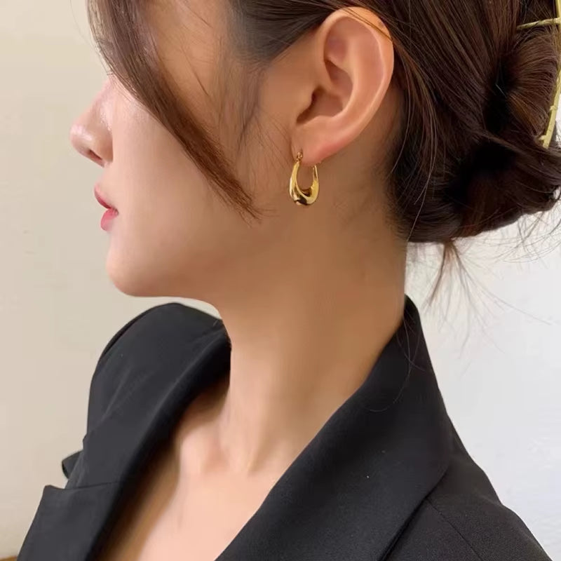 YUNLI Real 18K Gold Hoop Earring Pure AU750 U Shape Luxury Vintage Earrings for Women Fine Jewelry Gift EA021