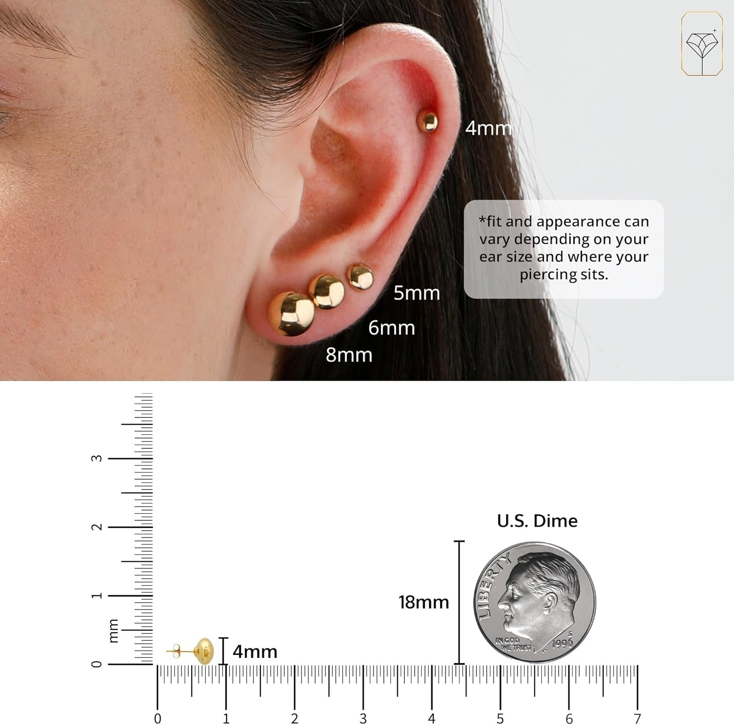 14K Gold Stud Earrings for Women | Yellow Solid Gold Flat & Full Ball Earrings with Gold Butterfly Backs | 4MM-8MM Hypoallergenic Real 14K Button Ball Studs for Women & Men by