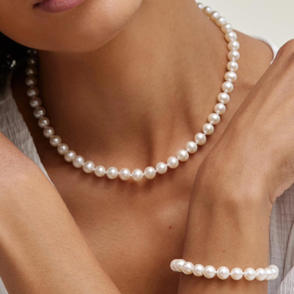 Real Pearl Necklace for Women with AAA+ Quality round White Freshwater Genuine Cultured Pearls