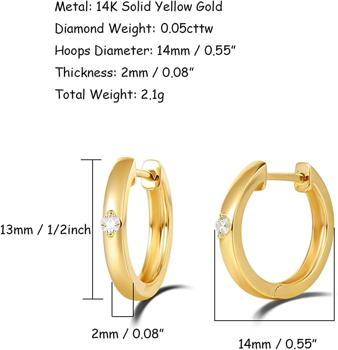 Solid 14K White/Yellow Gold 0.10Cttw Solitaire Diamond Tiny Small Gold Huggie Hoop Earrings Fine Jewelry for Women, 14Mm