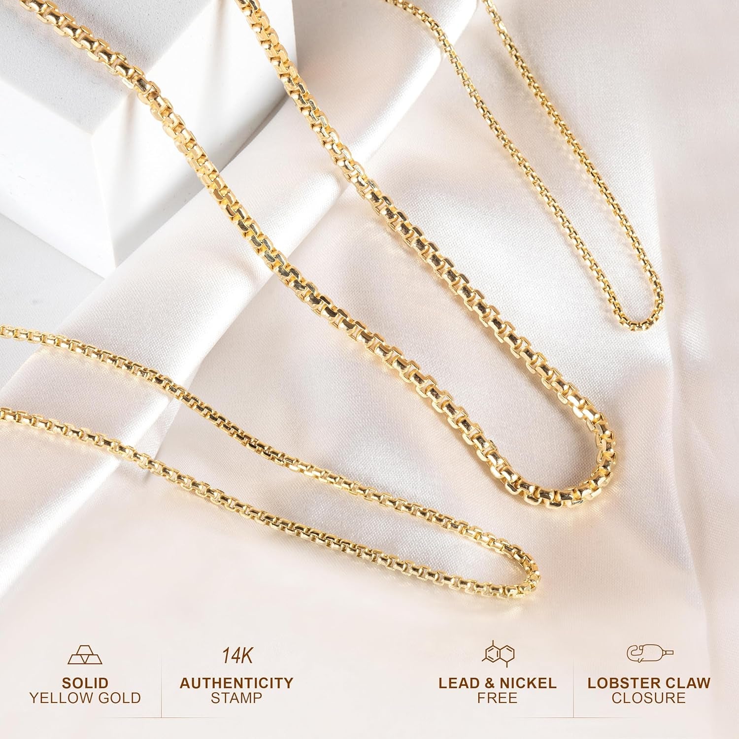 14K Gold 1.8MM, 2.5MM, or 3.5MM round Box Chain Necklace -16"-30" Yellow or White Gold- for Men and Women