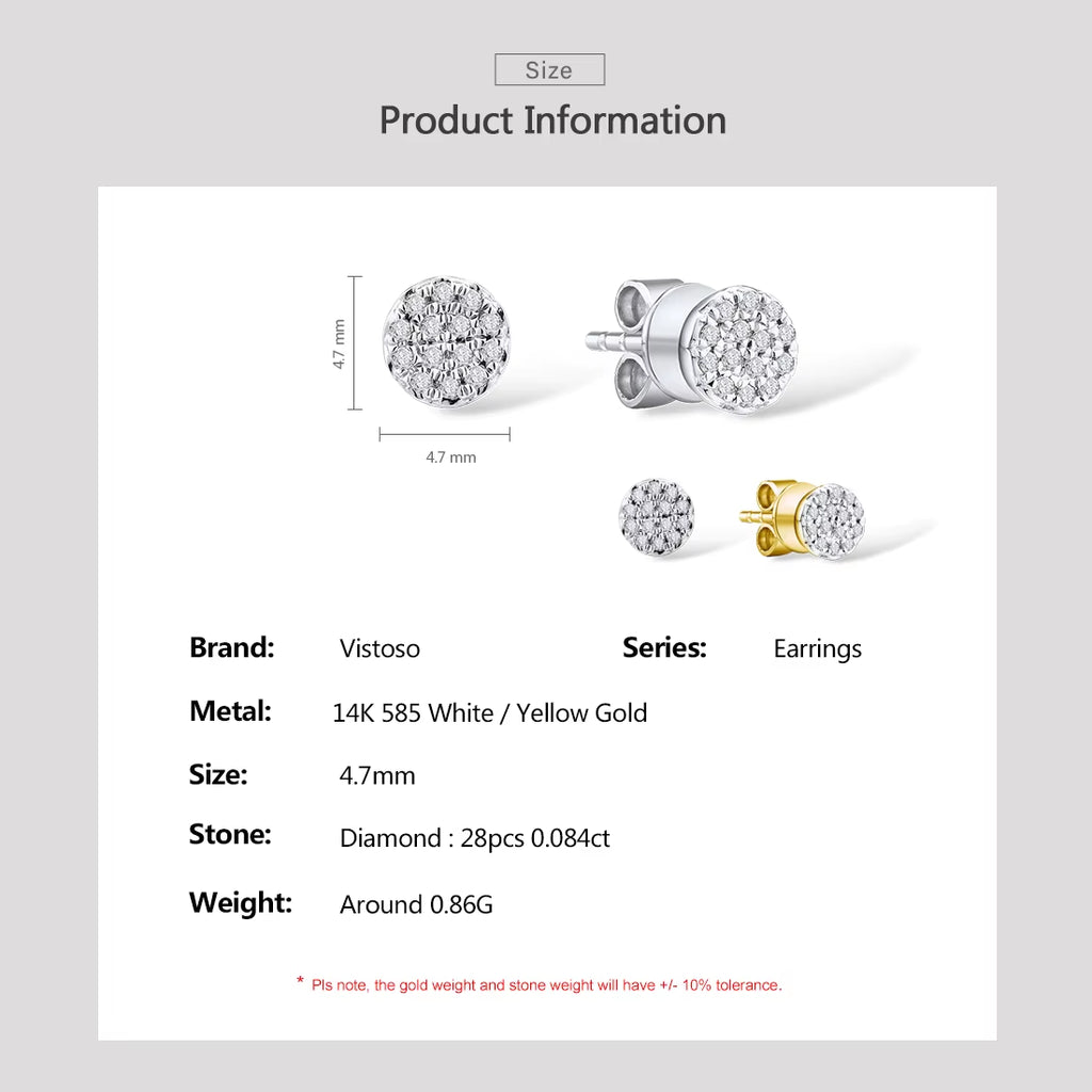 Gold Earrings for Women 14K 585 Yellow/White Gold Sparkling Diamond Dainty round Cirle Stud Earrings Trendy Fine Jewelry