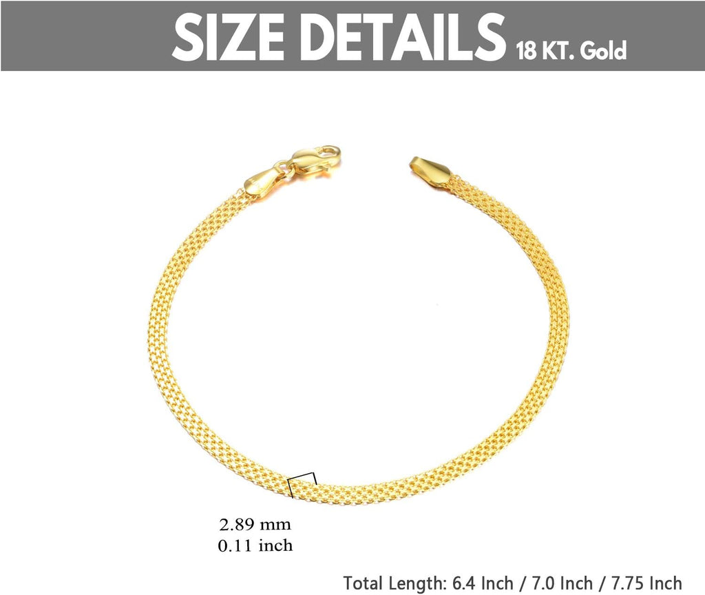 Solid 18K Gold Italian Mesh Link Chain Bracelets for Women, Fine Jewelry Gifts for Her (Chain Width: 2.8 Mm; 6.4-7.5 Inch)