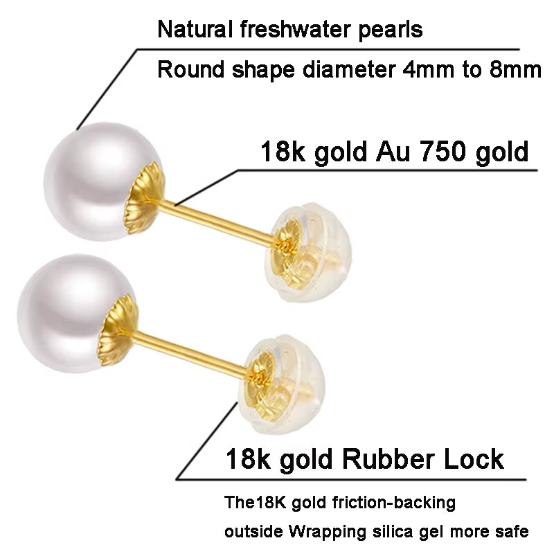 Au750 Fine Jewelry Women Girls Mum Best Gift Classical 18K Gold Natural Perfect round Pearls High Luster Stud Earring