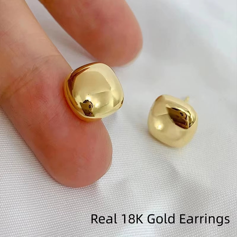 Real 18K Gold Earrings for Women Pure AU750 Three-Dimensional Block Simplicity Fashion Earring Fine Jewelry Gift New Style