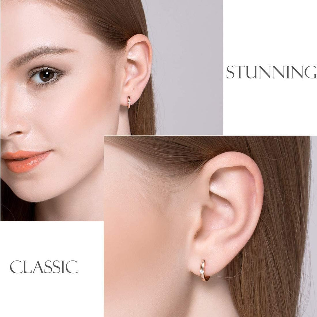 Solid 14K White/Yellow Gold 0.10Cttw Solitaire Diamond Tiny Small Gold Huggie Hoop Earrings Fine Jewelry for Women, 14Mm