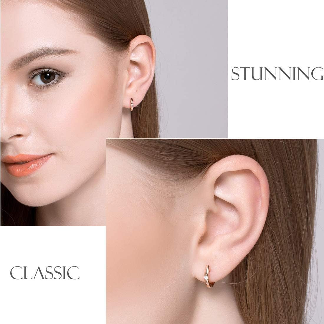 Solid 14K White/Yellow Gold 0.10Cttw Solitaire Diamond Tiny Small Gold Huggie Hoop Earrings Fine Jewelry for Women, 14Mm