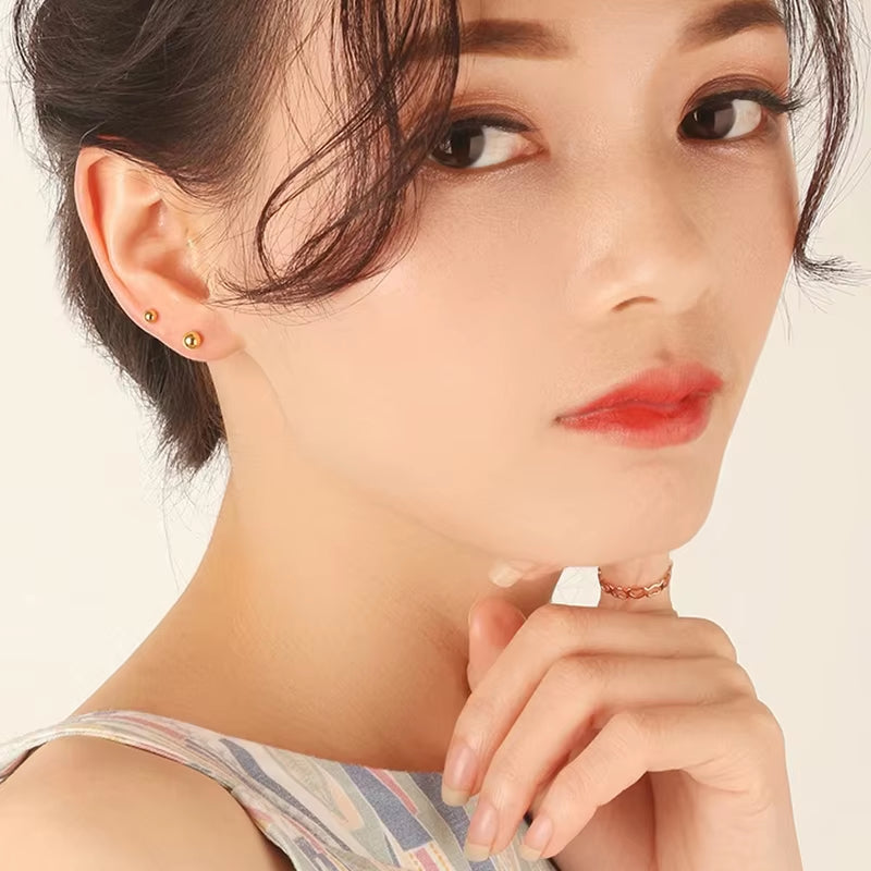 Real 18K Gold Stud Earrings Pure AU750 Gold Ball Design Women'S Earrings Simple Fashion Fine Jewelry Gift