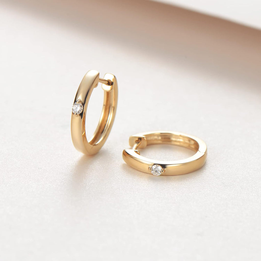 Solid 14K White/Yellow Gold 0.10Cttw Solitaire Diamond Tiny Small Gold Huggie Hoop Earrings Fine Jewelry for Women, 14Mm