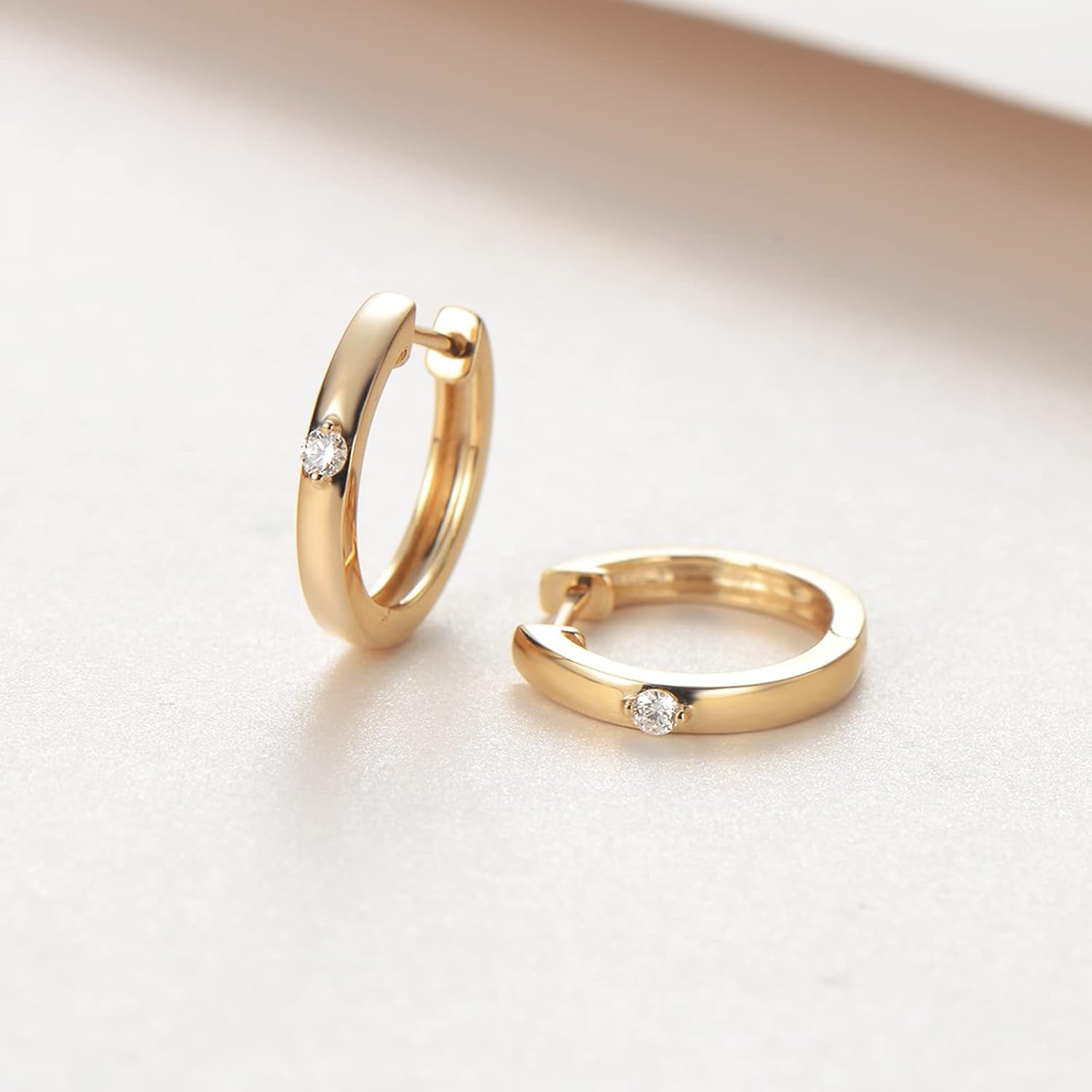 Solid 14K White/Yellow Gold 0.10Cttw Solitaire Diamond Tiny Small Gold Huggie Hoop Earrings Fine Jewelry for Women, 14Mm