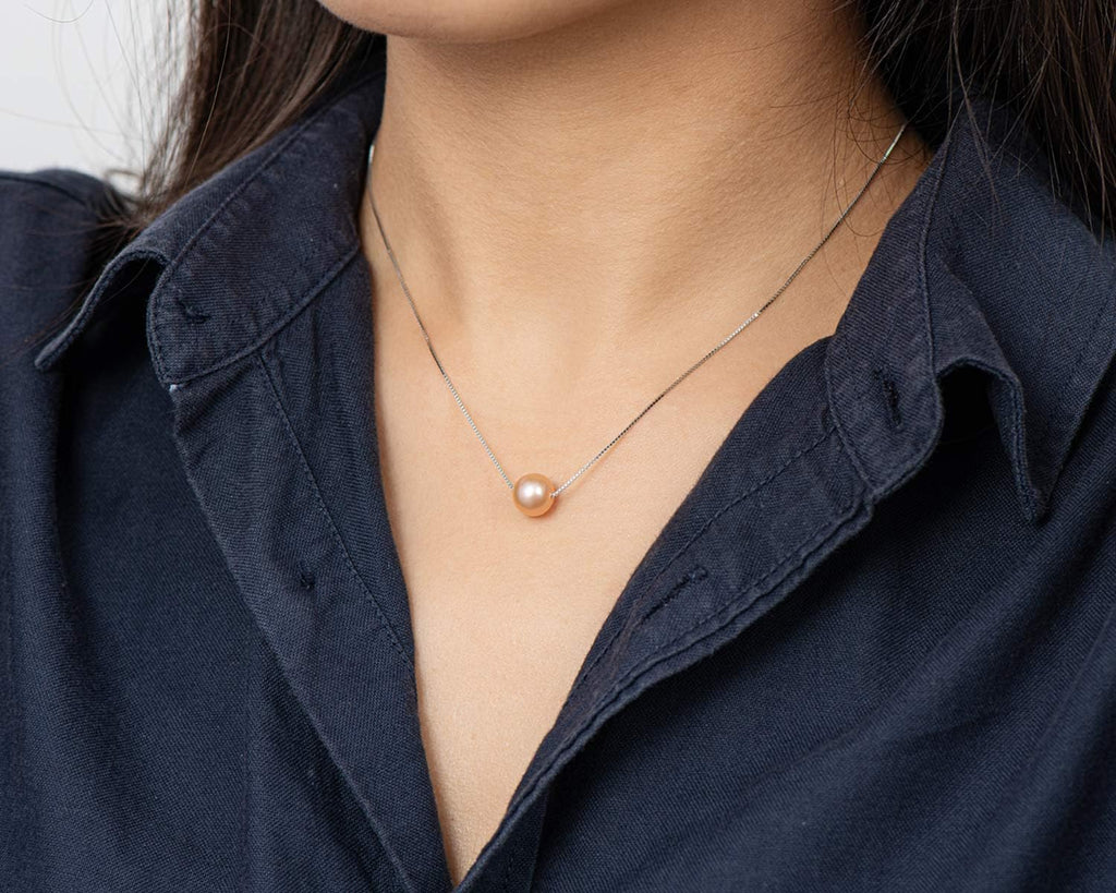 Pearl Necklaces for Women Floating Single Freshwater Pearl Pendant Necklaces with Sterling Silver 18 Inch Chain Pearl Jewelry Gifts for Her 8-9Mm White/Pink/Purple