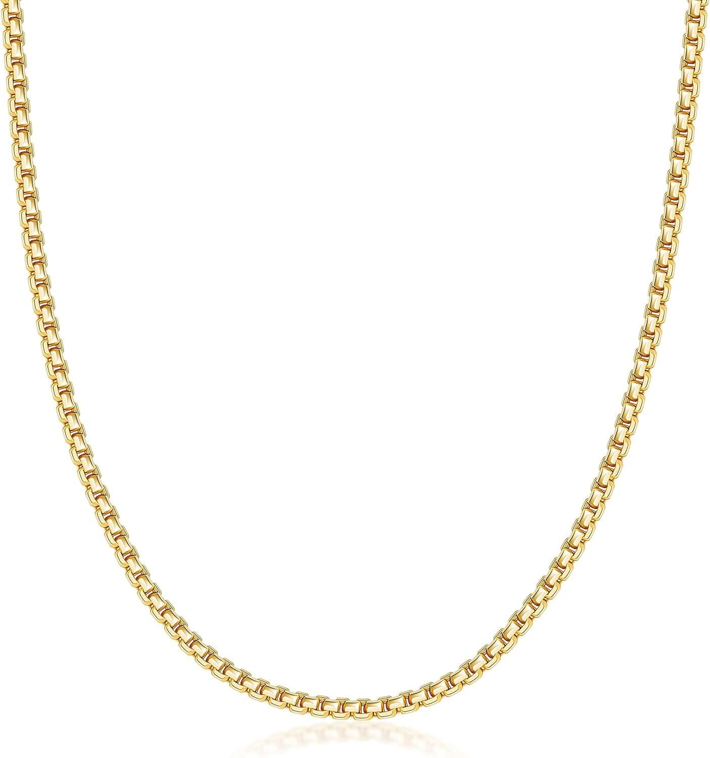 14K Gold 1.8MM, 2.5MM, or 3.5MM round Box Chain Necklace -16"-30" Yellow or White Gold- for Men and Women