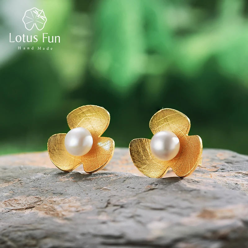 Real 925 Sterling Silver Natural Pearl Earrings Fine Jewelry 18K Gold Clover Flower Stud Earrings for Women Brincos