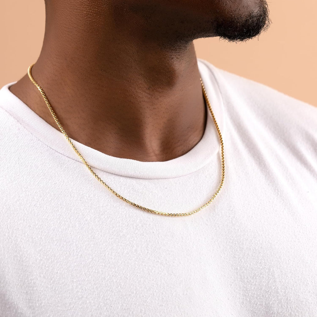 14K Gold 1.8MM, 2.5MM, or 3.5MM round Box Chain Necklace -16"-30" Yellow or White Gold- for Men and Women