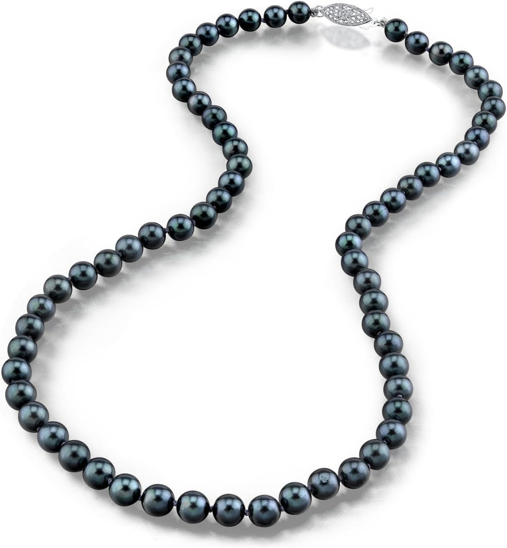 14K Gold round Genuine Black Japanese Akoya Saltwater Cultured Pearl Necklace for Women